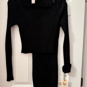 Black Ribbed Knit Top and Skirt Set